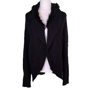 Women’s Black Open Front Cardigan Sweater w/ Fur Collar Layering Soft Grunge Lg